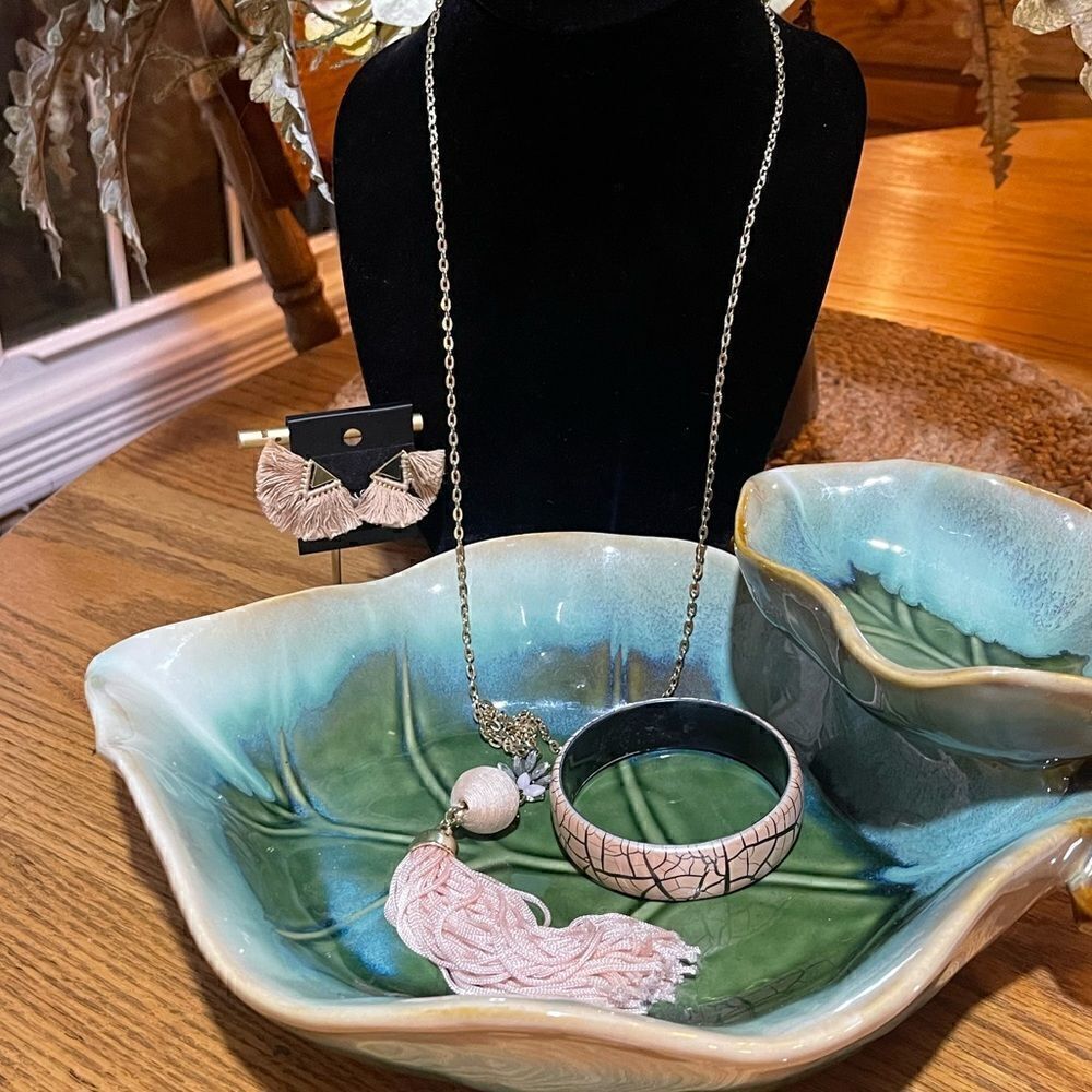 Pale Pink Long Statement Necklace, Earrings & Bangle Bracelet